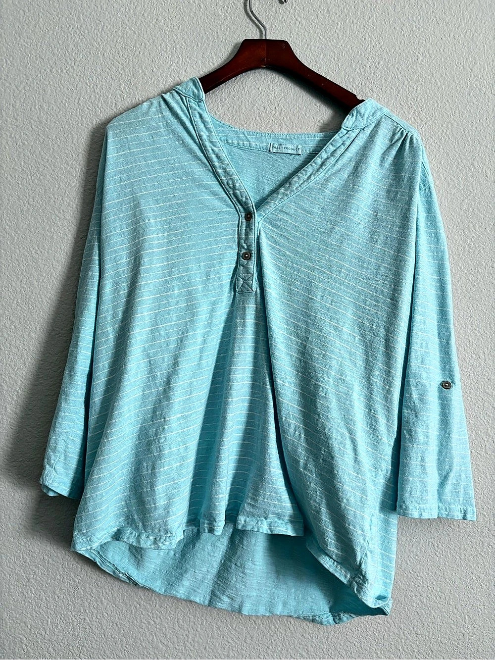 Fresh Produce Plus Size 2X Ocean Stripe Buttonside Henley Top Blue Cotton